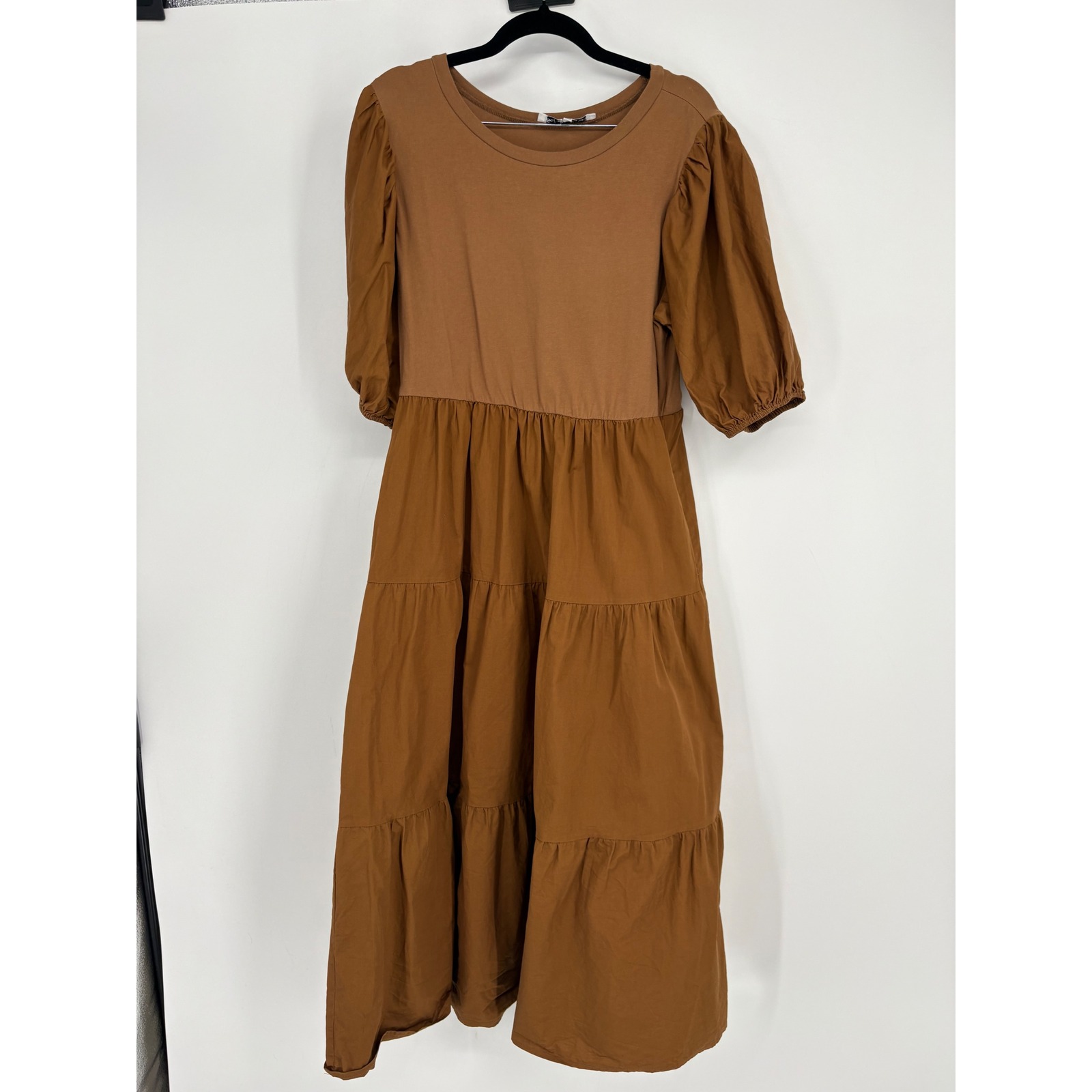 Sofie The Label Dress Womens S Brown Midi Puff Sleeve Tiered Mixed Media